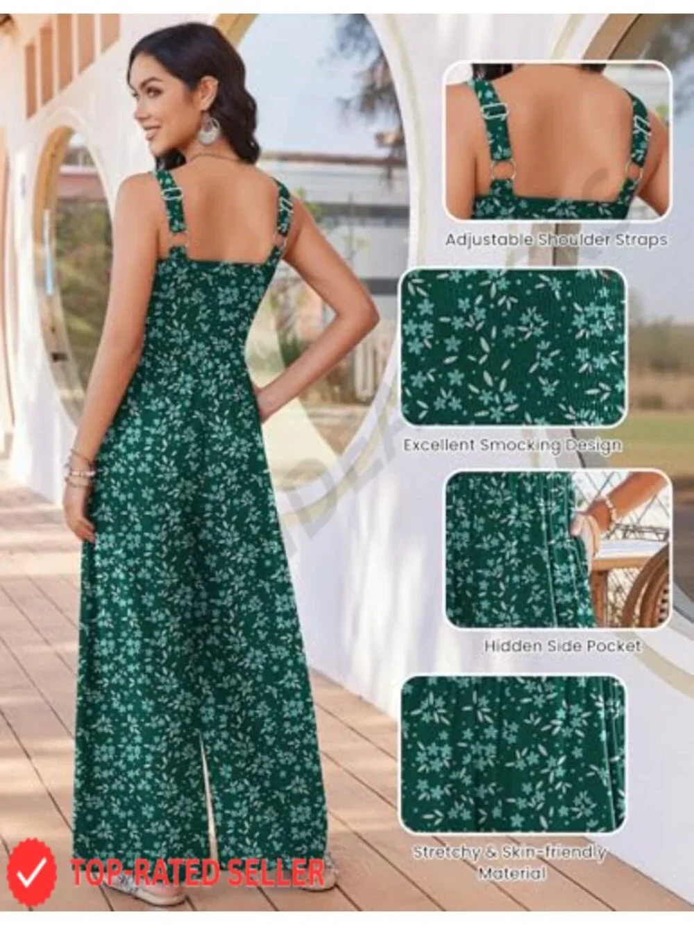 Sleeveless Wide Leg Jumpsuit Smocked Boho Romper with Pockets